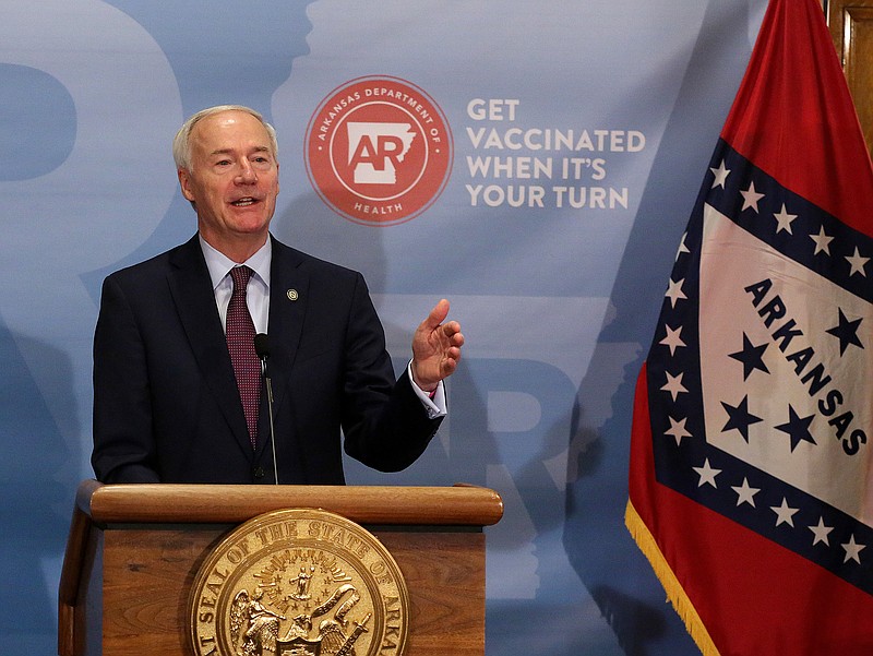 Gov. Asa Hutchinson answers a question during the weekly covid-19 briefing on Tuesday, April 6, 2021, at the state Capitol in Little Rock. (Arkansas Democrat-Gazette/Thomas Metthe)