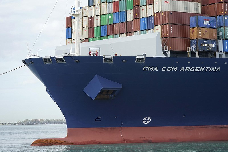 The CMA CGM Argentina arrives Tuesday at PortMiami, the largest container ship to call at a Florida port. The U.S. trade deficit grew to $71.1 billion in February, as a decline in exports more than offset a slight dip in imports.
(AP/Lynne Sladky)