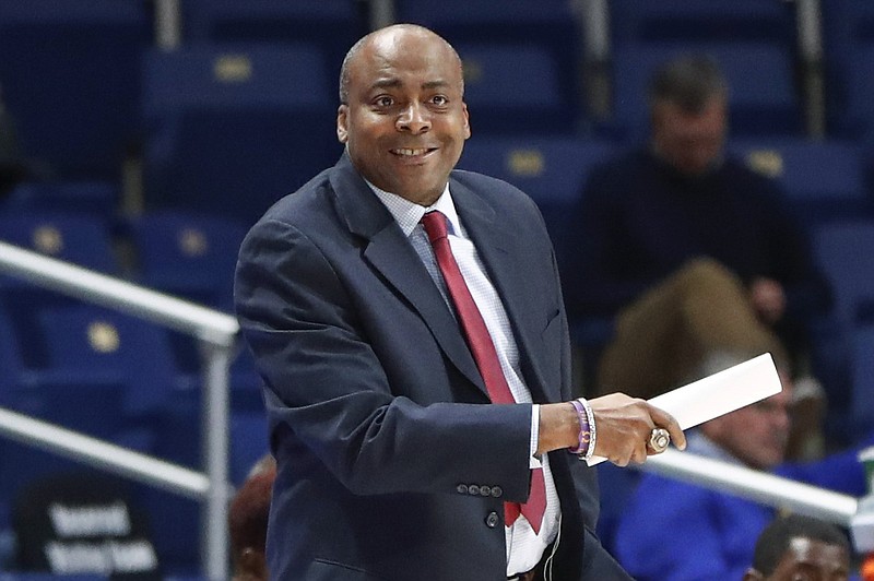 Arkansas-Pine Bluff coach George Ivory talks to the officials as his team plays against Pittsburgh during the first half of an NCAA college basketball game Thursday, Nov. 21, 2019, in Pittsburgh. Pittsburgh won 66-41.(AP Photo/Keith Srakocic)