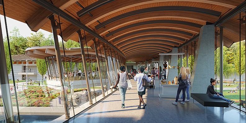An artist’s rendering depicts the new bridge connecting the current and future galleries at the Crystal Bridges museum.
(Special to the Arkansas Democrat-Gazette)