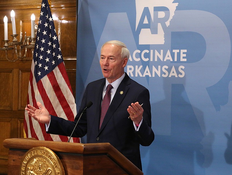 Gov. Asa Hutchinson answers a question during the weekly COVID-19 briefing on Tuesday, April 6, at the state Capitol in Little Rock. (Arkansas Democrat-Gazette/Thomas Metthe)