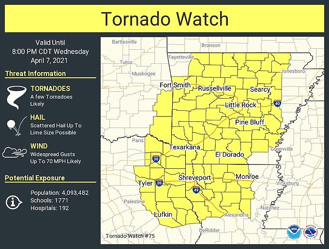 Much of the state on Wednesday is under a tornado watch until 8 p.m., according to this National Weather Service graphic.