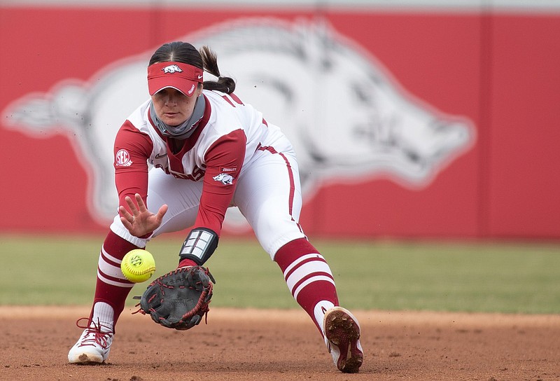 Arkansas senior shortstop Braxton Burnside has been a star for the Razorbacks since transferring from Missouri after freshman season. This season, she has hit a school-record 20 home runs with 13 games left in the regular season.
(Special to the NWA Democrat-Gazette/David Beach)