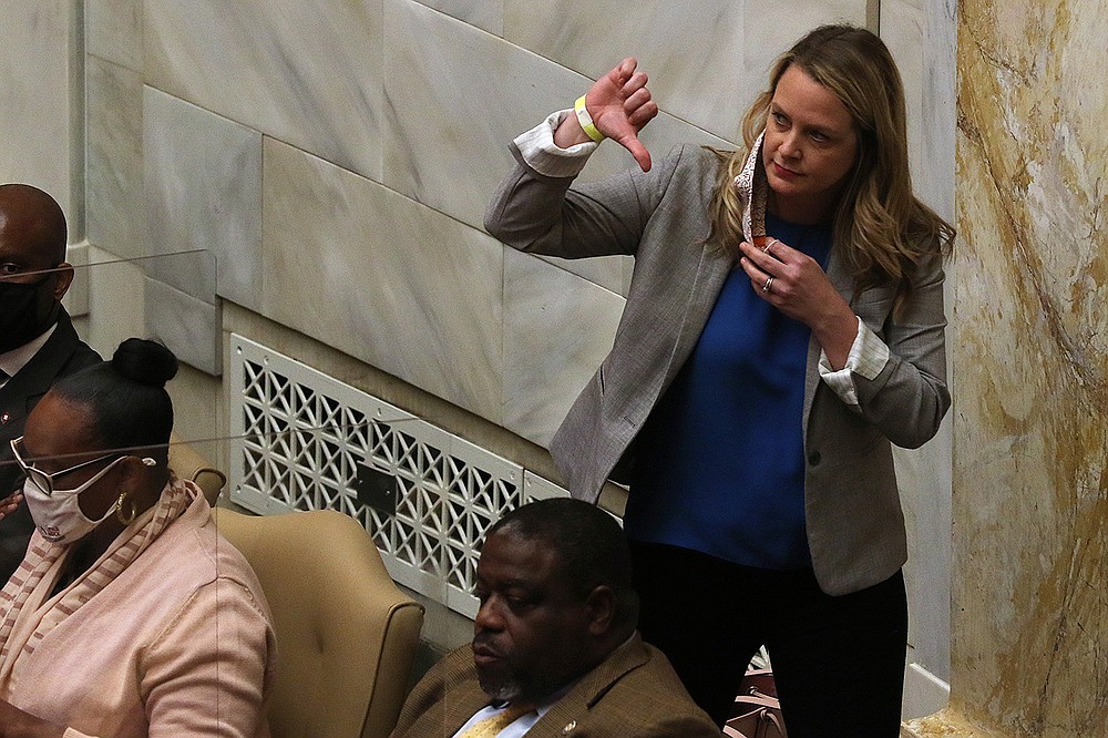 Rep. Megan Godfrey (shown) said the bill would sever the vital positive relationship between a student and a teacher.
(Arkansas Democrat-Gazette/Thomas Metthe)
