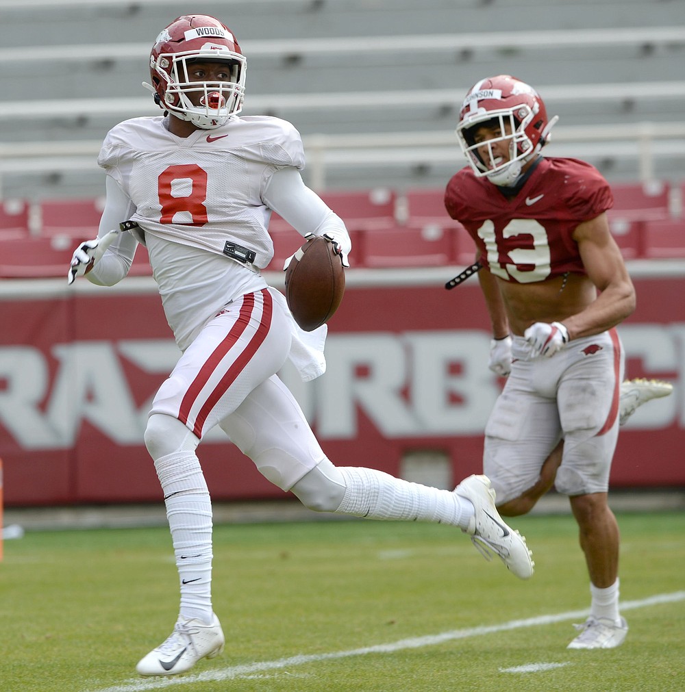 Mike Woods, who was among the go-to targets for quarterback Feleipe Franks last year and led the team with 19.3 yards per catch, said he’s striving to be more versatile. “I’m just looking for different ways I can impact the team and provide service to the team,” he said. (NWA Democrat-Gazette/Andy Shupe)