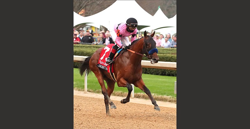 Concert Tour and jockey Joel Rosario won the Rebel Stakes at Oaklawn Racing Casino Resort in Hot Springs on March 14. Concert Tour is favored at Oaklawn again today for the Grade I Arkansas Derby.
(The Sentinel-Record/Richard Rasmussen)