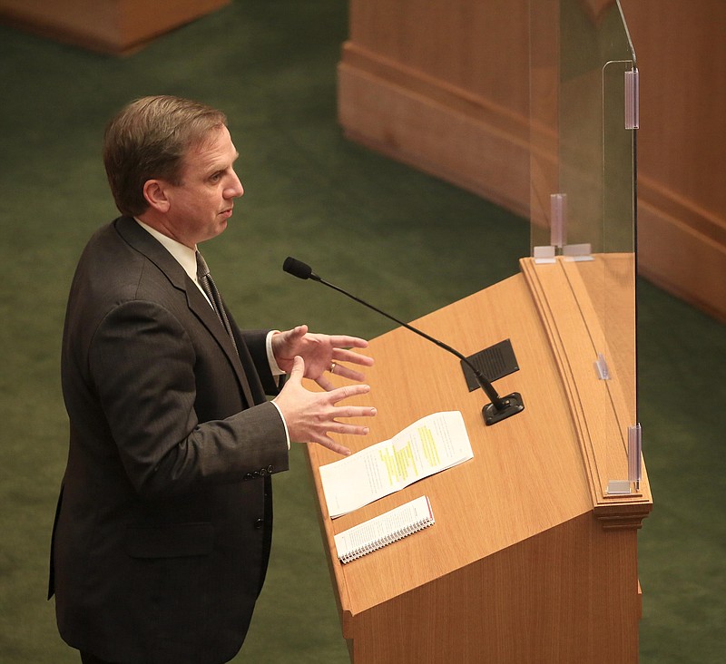 Speaker of the House Rep. Matthew Shepherd, R-El Dorado, speaks Monday March 22, 2021 at the state Capitol in Little Rock in this file photo. (Arkansas Democrat-Gazette/Staton Breidenthal)