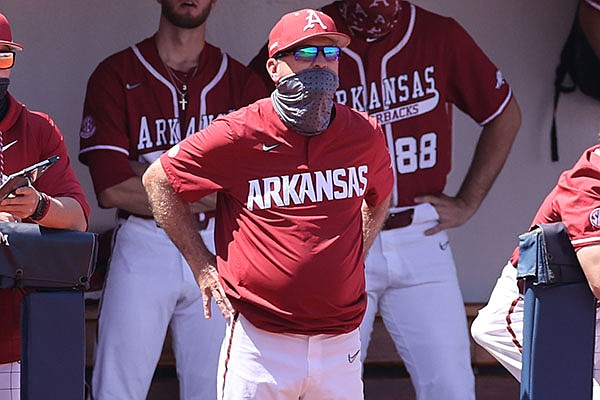 Arkansas coach Dave Van Horn is shown during a game against Ole Miss on Sunday, April 11, 2021, in Oxford, Miss. (Photo courtesy Ole Miss Athletics, via SEC pool)