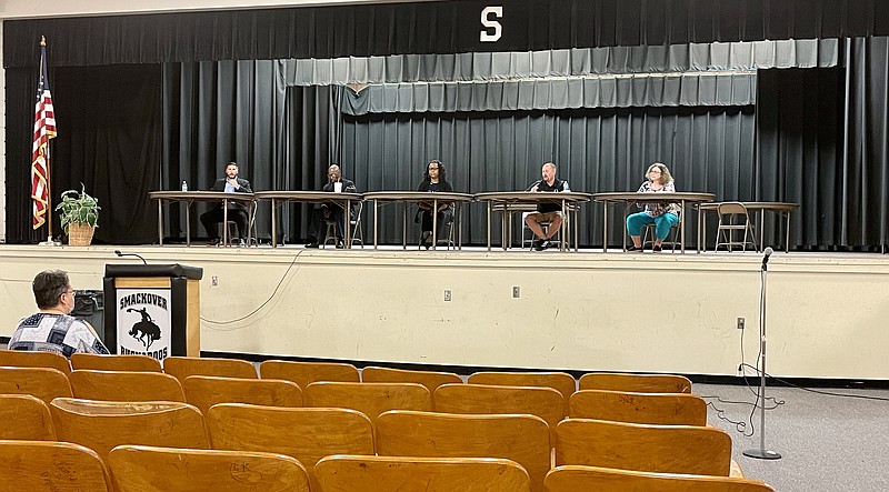 Smackover-Norphlet School District administrators fielded numerous questions from parents and members of the community at a town hall meeting on Thursday, April 8. Pictured from left to right are SNSD Superintendent Jason Black, Norphlet Middle School Principal Larry Beasley, Smackover High School Principal Bernadette O’Guinn, SNSD Athletic Director David Osborn and Preschool Director Tammy Willis. (Marvin Richards/News-Times)