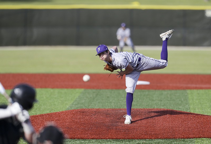 Fayetteville pitcher throws, Monday, April 12, 2021 during a baseball game at Bentonville High School in Bentonville. Check out nwaonline.com/210413Daily/ for today's photo gallery.
(NWA Democrat-Gazette/Charlie Kaijo)