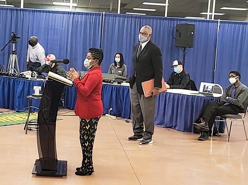 Zoning official Lakishia Hill speaks at a public zoning hearing during a City Council meeting. Hill told a City Council committee that her pay is still less than the male employee she replaced almost 16 years ago.
(Pine Bluff Commercial/Eplunus Colvin)