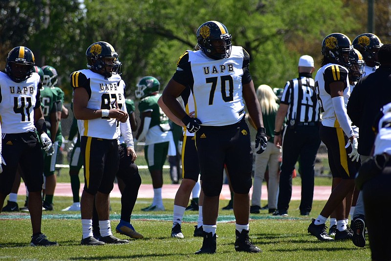 UAPB right tackle Noah Hayes runs through a drill before the April 3 game at Mississippi Valley State in Itta Bena, Miss. 
(Pine Bluff Commercial/I.C. Murrell)