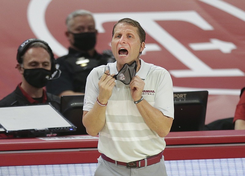Arkansas head coach Eric Musselman reacts, Saturday, January 9, 2021 during the second half of a basketball game at Bud Walton Arena in Fayetteville. Check out nwaonline.com/210110Daily/ for today's photo gallery. .(NWA Democrat-Gazette/Charlie Kaijo)