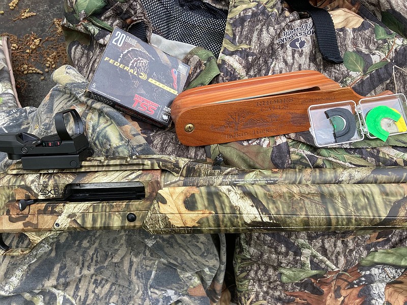 A hardwood leaf camp pattern, like Mossy Oak Obsession, is excellent for spring turkey hunting in the South. A dedicated turkey shotgun mated with a high-quality turkey load and a high-quality optic ensures a clean kill. The author uses a lot of callers, but a simple cedar box and a good diaphragm are sufficient for most situations.
(Arkansas Democrat-Gazette/Bryan Hendricks)