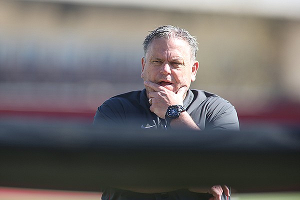 Arkansas football coach Sam Pittman is shown during practice Thursday, April 1, 2021, in Fayetteville. Arkansas football coach Sam Pittman is shown during practice Thursday, April 1, 2021, in Fayetteville.