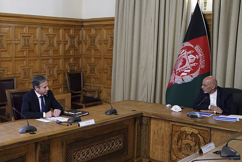 “The partnership is changing, but the partnership itself is enduring,” U.S. Secretary of State Antony Blinken (left) told Afghan President Ashraf Ghani in a Kabul meeting Thursday seeking to assure Ghani of the U.S. commitment to Afghanistan.
(AP/Afghan Presidential Palace)