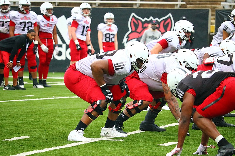 Senior Avery Demmons (center), a 6-6, 300-pound lineman who appeared in seven games in 2020, has caught the attention of Arkansas State coaches for his progression this spring.
(Photo courtesy Arkansas State Athletics)