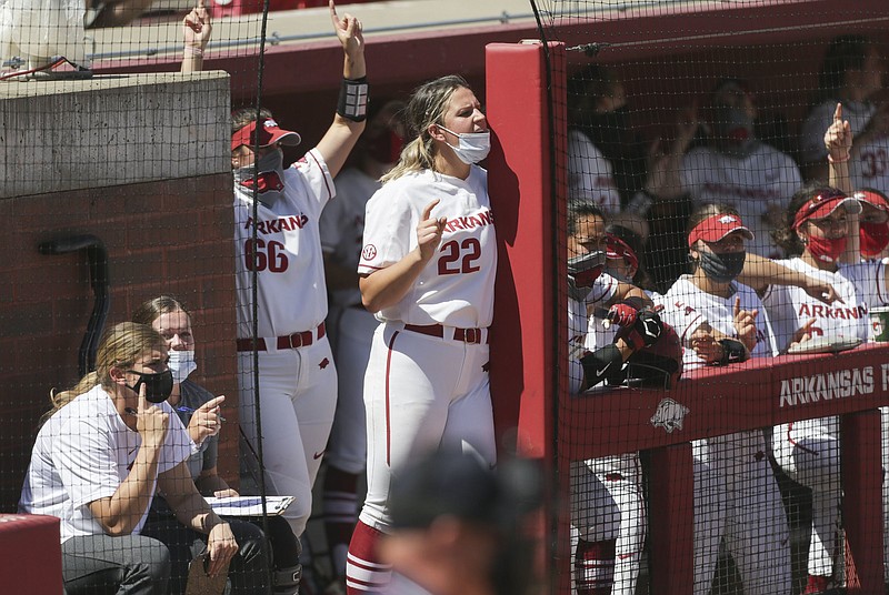 Arkansas outfielder Linnie Malkin (middle) said she can’t wait to get back out on the field after the Razorbacks’ lost 2 of 3 to Alabama last weekend. “If anything, we’re more prepared this weekend and ready to take out, I guess, built-up frustrations from this [past] weekend out.”
(NWA Democrat-Gazette/Charlie Kaijo)