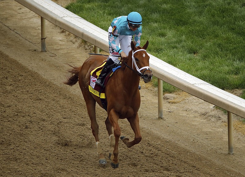 Florent Geroux rides Monomoy Girl to victory at the 2018 Kentucky Oaks. Monomoy Girl will be making her second-career Oaklawn start as one of the top horses at today’s Apple Blossom Handicap.
(AP file photo)