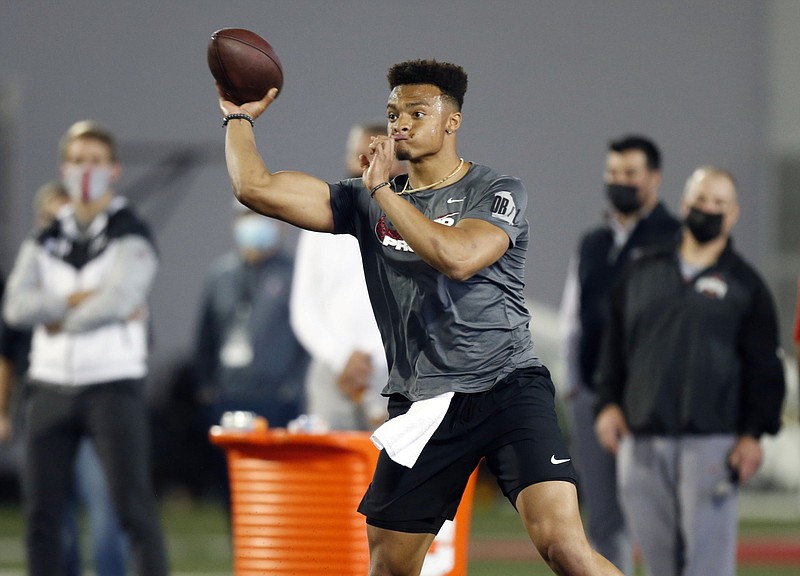 Ohio State’s Justin Fields (above) is among several quarterbacks that the San Francisco 49ers could select with the No. 3 pick in the NFL Draft on April 29. The 49ers traded the No. 12 pick and two future first-round choices to move up to the third overall pick.
(AP/Paul Vernon)