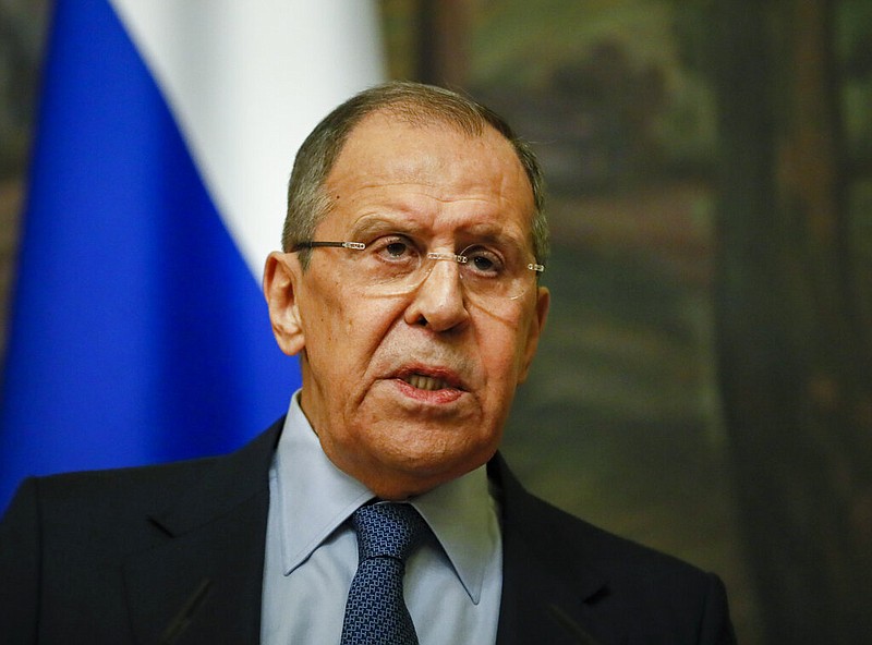 Russian Foreign Minister Sergey Lavrov speaks to the media during his and Serbia's Foreign Minister Nikola Selakovic joint news conference following their talks in Moscow, Russia, Friday, April 16, 2021. (Yuri Kochetkov/Pool Photo via AP)