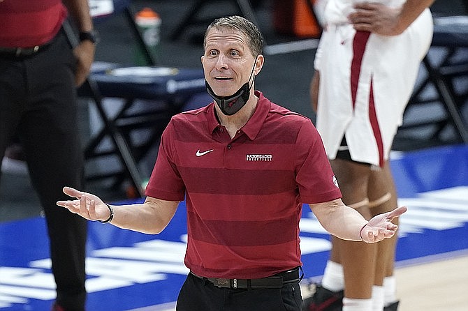 Arkansas head basketball coach Eric Musselman has agreed to a new deal for a combined $20 million over the next five years, according to another source with knowledge of the process. (AP Photo/Mark Humphrey)