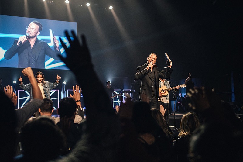 Carl Lentz, who until last year was pastor of Hillsong NYC, speaks onstage at the church, at the Manhattan Center’s Hammerstein Ballroom in 2017. Lentz is among the ministers featured on the PreachersNSneakers Instagram account, which showcases pastors’ high fashion choices alongside their dollar amounts.
(The New York Times/Andrew White)