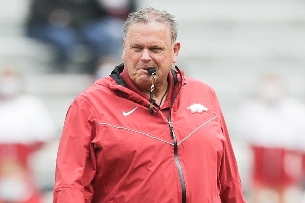 Arkansas head coach Sam Pittman blows a whistle, Saturday, April 17, 2021 during the second quarter of the Red-White spring football game at Razorback Stadium in Fayetteville.