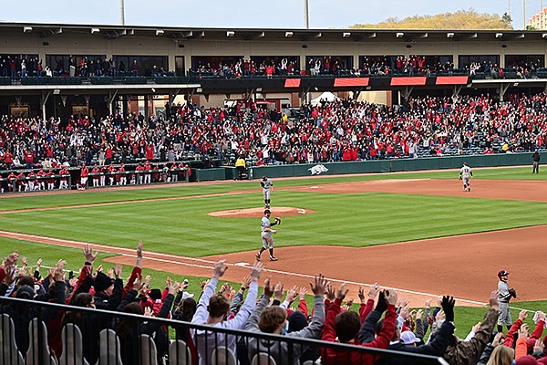 Arkansas fans are shown during a game against Texas A&M on Saturday, April 17, 2021, at Baum-Walker Stadium in Fayetteville.