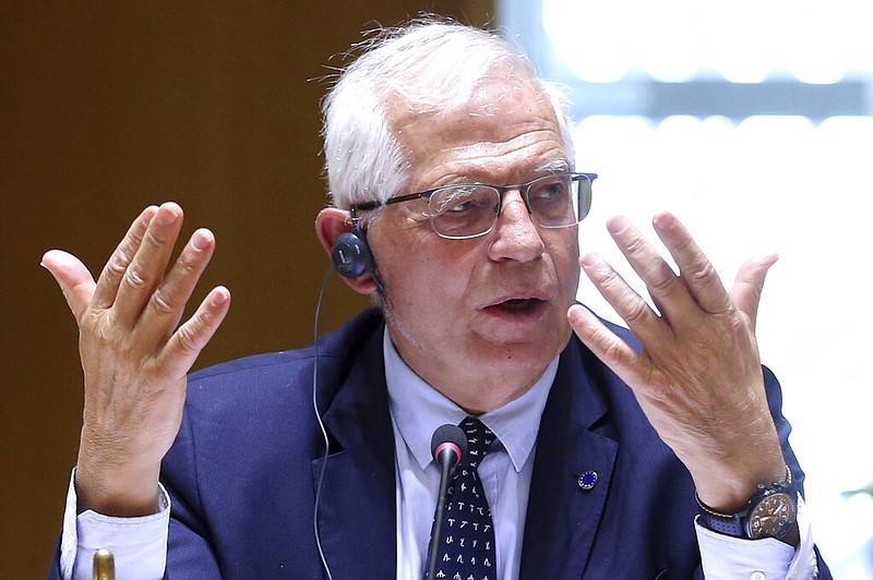 European Union foreign policy chief Josep Borrell speaks as he attends a meeting of EU foreign ministers to discuss the situation in Ukraine, at the European Council building in Brussels, Monday, April 19, 2021. European Union foreign ministers on Monday assessed the bloc's strategy towards Russia in the wake of the military buildup on Ukraine's borders and amid the weakening health of imprisoned opposition leader Alexei Navalny. (Francois Walschaerts, Pool via AP)