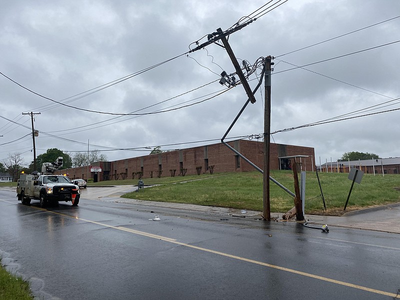 A utility pole near Central Elementary School was struck by a vehicle on April 16. (Rhett Gentry/Banner-News)