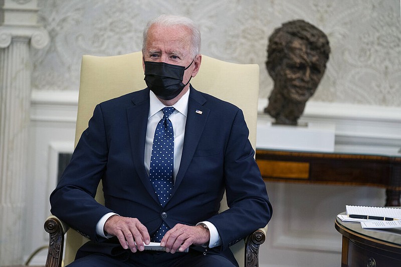 President Joe Biden speaks during a meeting with members of the Congressional Hispanic Caucus, in the Oval Office of the White House, Tuesday, April 20, 2021, in Washington. (AP/Evan Vucci)