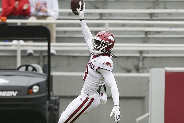 Arkansas receiver Mike Woods celebrates a touchdown reception during the Razorbacks' Red-White Game on Saturday, April 17, 2021, in Fayetteville.