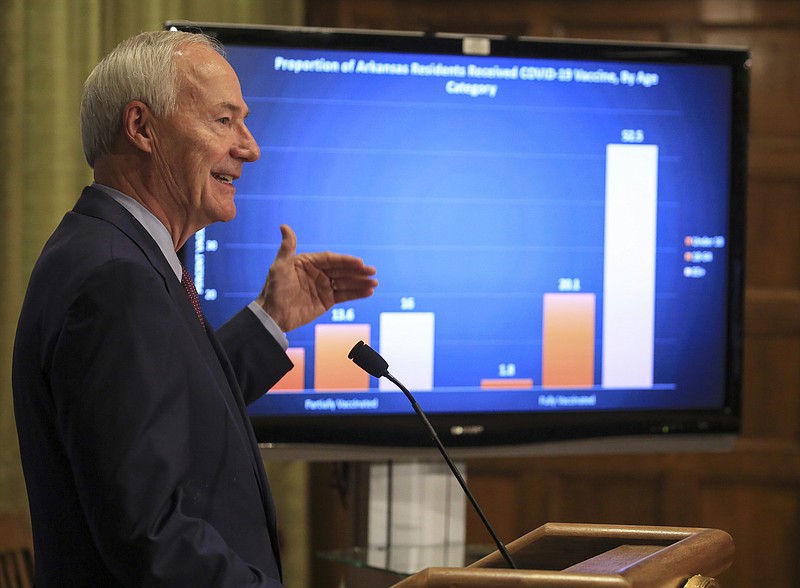 FILE - Gov. Asa Hutchinson speaks Tuesday April 20, 2021 at the state Capitol during his weekly covid-19 update.