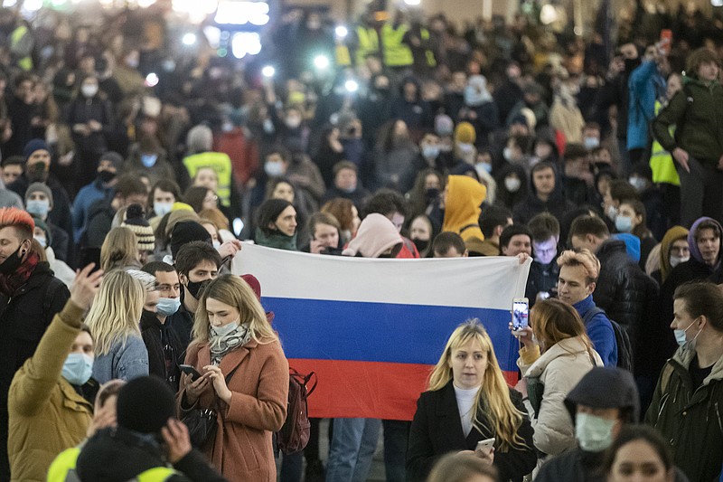 People in Moscow hold a rally Wednesday in support of jailed opposition leader Alexei Navalny.
(AP/Pavel Golovkin)