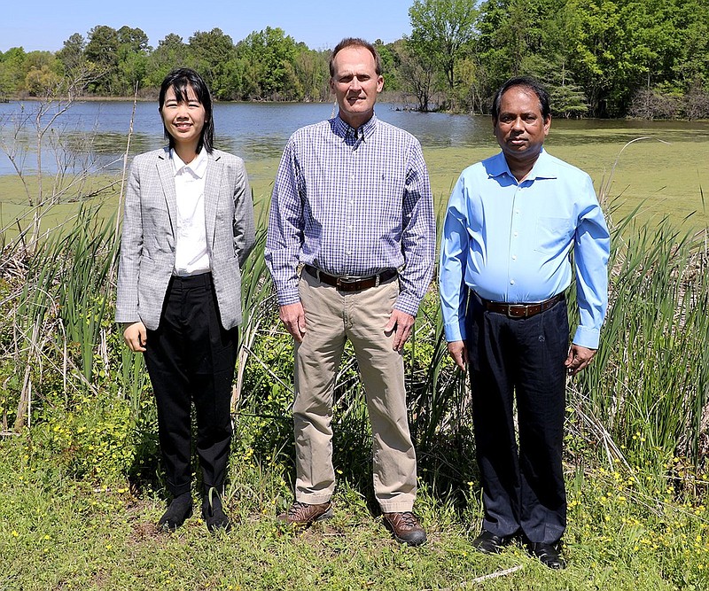 The UAPB Aquaculture/Fisheries research team includes (from left) co-principal investigator Yingkai Fang, assistant professor/natural resources economics; principal investigator Michael Eggleton, professor of fisheries science; and co-principal investigator Uttam Deb, assistant professor/aquaculture economics. 
(Special to The Commercial)