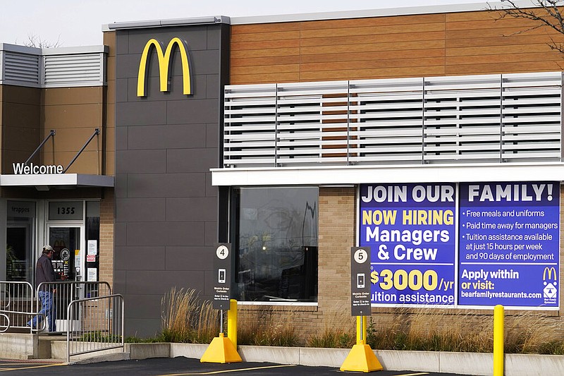 FILE - In this Nov. 19, 2020, file photo, a hiring sign is displayed outside of McDonald's in Buffalo Grove, Ill. (AP/Nam Y. Huh, File)