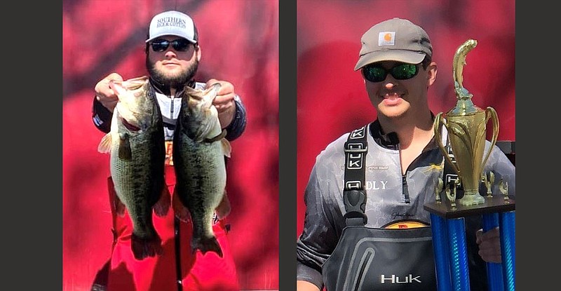 McCoy Vereen (left) hoists two bass caught during the Arkansas State Collegiate Championship. Ryan Handly (right) holds the B.A.S.S. Pro Series Arkansas State Collegiate Championship trophy.
(Special to The Commercial/UAM College of Forestry, Agriculture and Natural Resources)