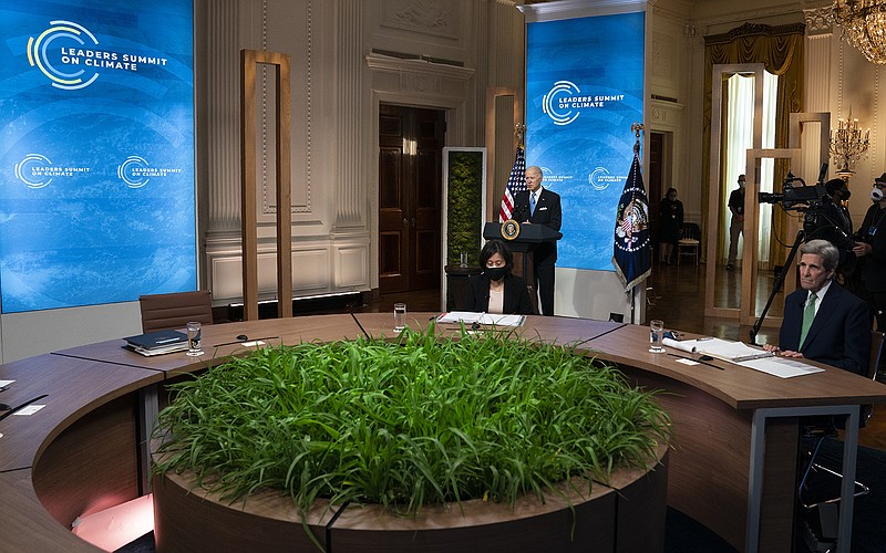 Speaking Friday from the White House during the virtual Leaders Summit on Climate, President Joe Biden said, “When we invest in climate resilience and infrastructure, we create opportunities for everyone.” Special climate envoy John Kerry is at the right.
(AP/Evan Vucci)