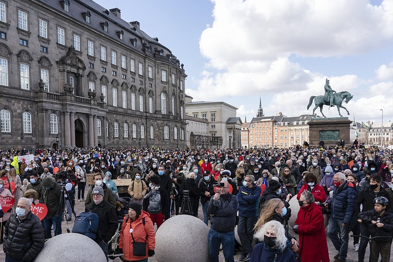 Crowds gather Wednesday in Copenhagen to protest the tightening of Denmark’s migration policy and recent deportation orders.
(AP/David Keyton)