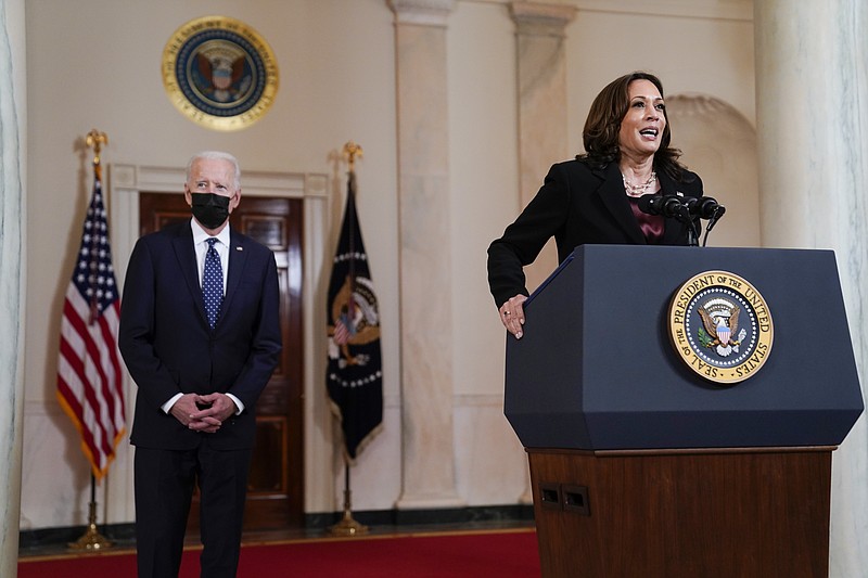 Vice President Kamala Harris, accompanied by President Joe Biden, speaks Tuesday, April 20, 2021, at the White House in Washington. Mexico announced Saturday, April 24, that President Andres Manuel Lopez Obrador will hold talks with Harris on May 7 to discuss migration, amid an increase in underage migrants at the U.S. southern border. (AP Photo/Evan Vucci)