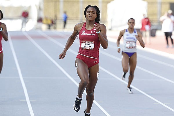 Arkansas' Tiana Wilson runs Saturday, April 24, 2021, in Fayetteville. (Photo by Robert Black, via University of Arkansas Athletics) Arkansas' Tiana Wilson runs Saturday, April 24, 2021, in Fayetteville. (Photo by Robert Black, via University of Arkansas Athletics)