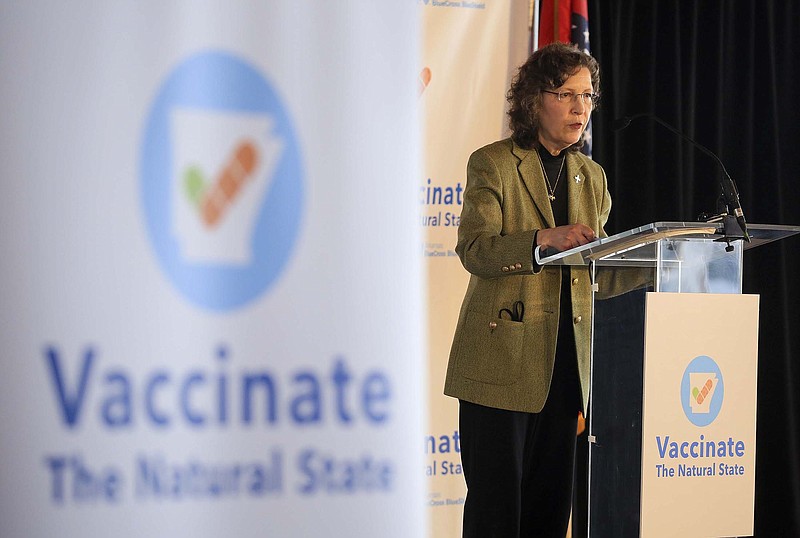 Dr. Jennifer Dillaha, State Epidemiologist with the Arkansas Department of Health, speaks Monday Feb. 22, 2021 in Little Rock during a press conference to announce a new initiative to educate Arkansans on the benefits of the Covid-19 vaccine. The initiative is led by Arkansas Blue Cross and Blue Shield, in collaboration with the Arkansas Department of Health, Arkansas Foundation for Medical Care, Arkansas Minority Health Commission, Arkansas State Chamber of Commerce/Associated Industries of Arkansas, Northwest Arkansas Council, UAMS and Walmart. (Arkansas Democrat-Gazette/Staton Breidenthal)