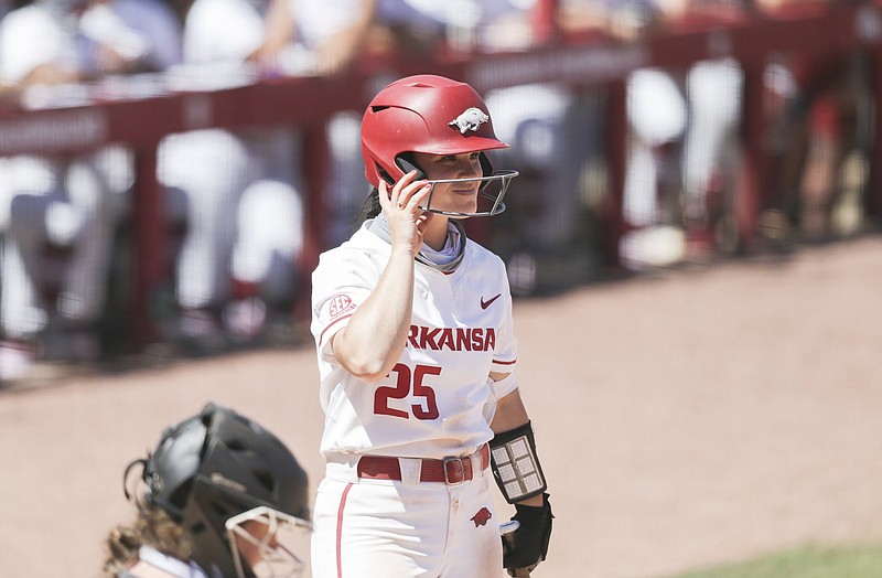 Arkansas infielder Braxton Burnside (25) prepares to bat, Sunday, April 11, 2021 during the fifth inning of a softball game at Bogle Park in Fayetteville. Check out nwaonline.com/210412Daily/ for today's photo gallery. .(NWA Democrat-Gazette/Charlie Kaijo)