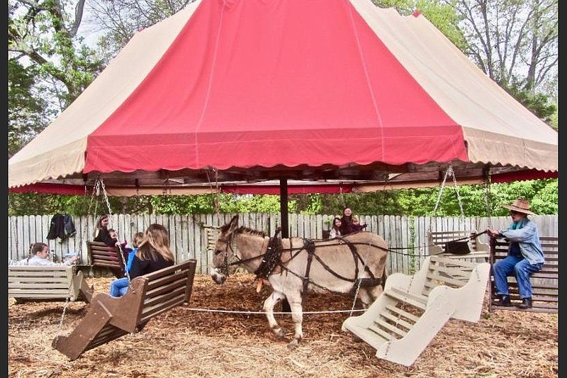 Riders enjoy the Picnic Swing powered by donkey Whiskey. (Special to the Democrat-Gazette/Marcia Schnedler)