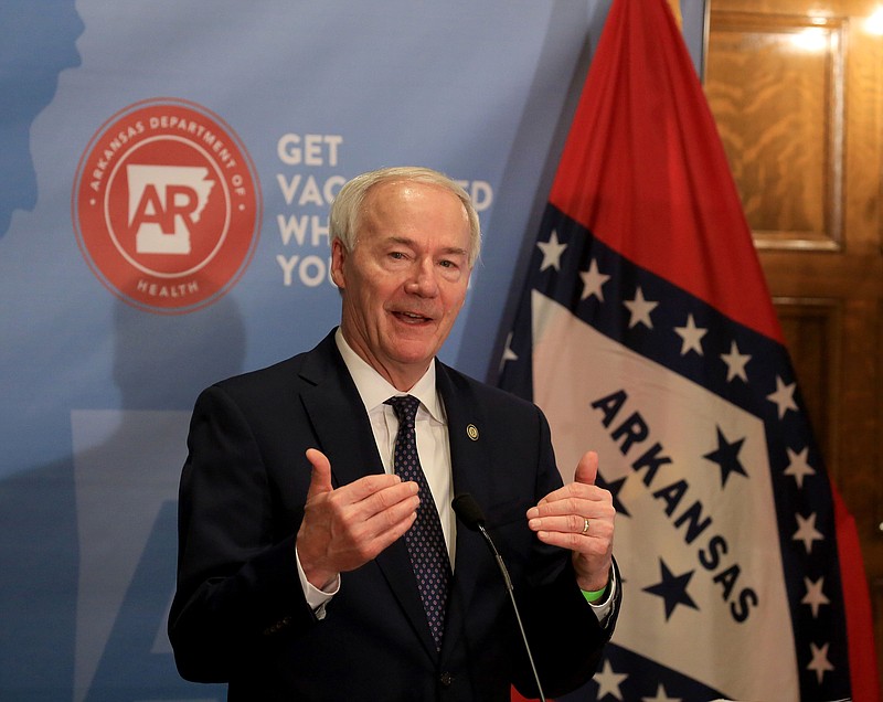 Gov. Asa Hutchinson speaks Tuesday, April 27, at the state Capitol during his weekly COVID-19 update. (Arkansas Democrat-Gazette/Staton Breidenthal)