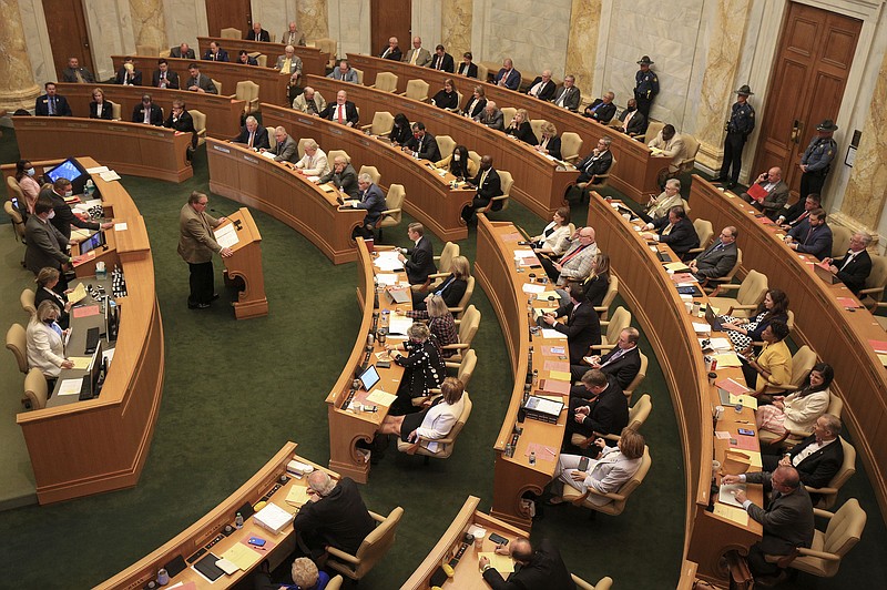 Rep. Lane Jean, R-Magnolia, presents the final budget bills of the session Tuesday April 27, 2021 at the state Capitol. (Arkansas Democrat-Gazette/Staton Breidenthal)