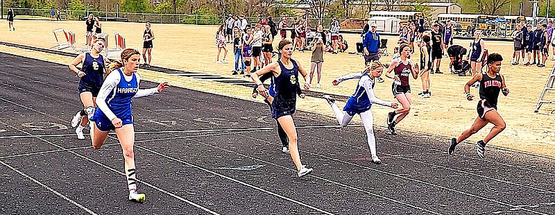 Photograph courtesy of John McGee
Seventh-grade Lady Blackhawk Zoeyanne Timmons won the 100-meter dash with a time of 13.76, just ahead of second-place Presley Stam from Shiloh with a time of 13.77 at the 4A Region 1 Junior High District meet on April 22 in Gravette.