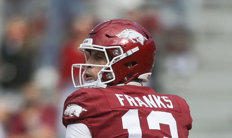Feleipe Franks passed for 2,107 yards with 17 touchdowns and 4 interceptions in his only 9 games as Arkansas’ quarterback last season after transferring from Florida. Franks likely will not be chosen until the later rounds of the NFL Draft, which begins tonight in Cleveland.
(NWA Democrat-Gazette/Charlie Kaijo)
