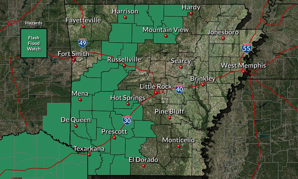A flash flood watch remains in affect through Thursday afternoon for portions of north and western Arkansas, according to the National Weather Service.